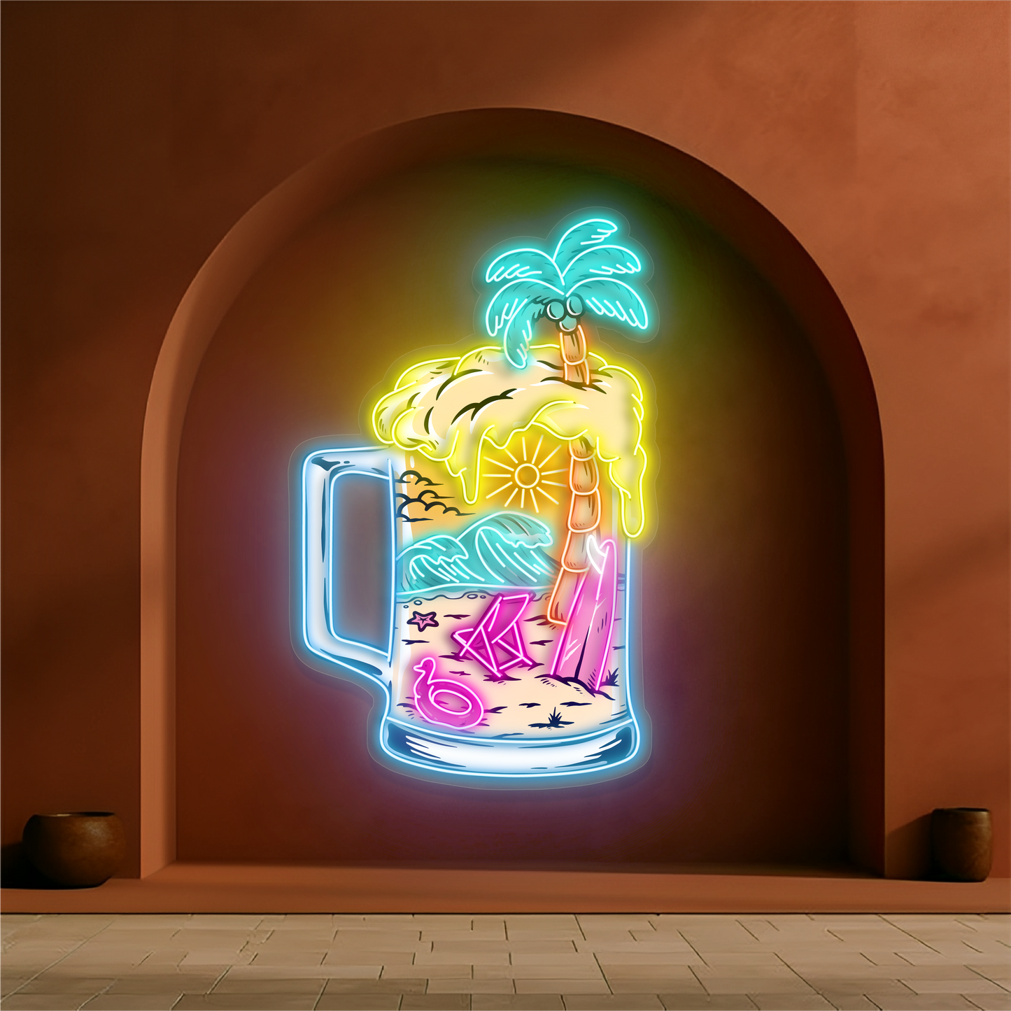 Panneau néon LED avec illustration de bière tropicale