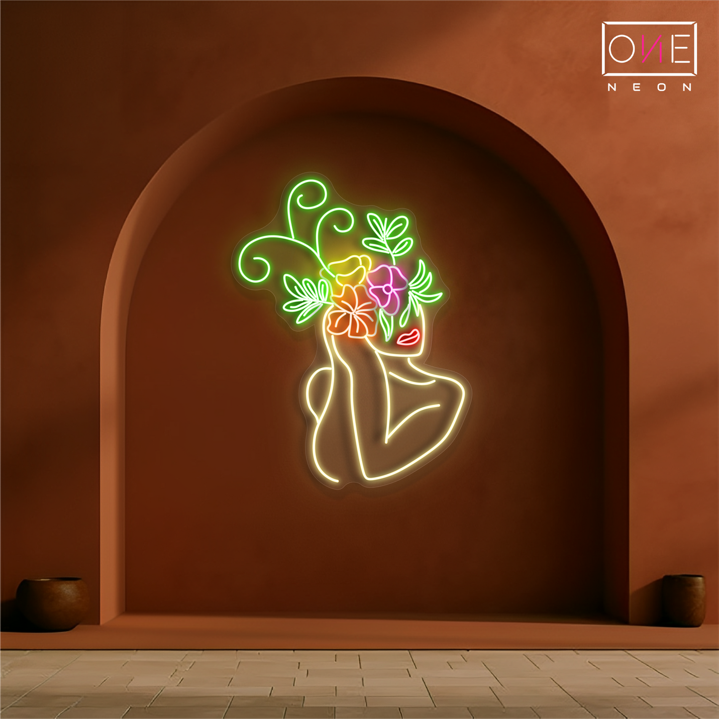 Enseigne au néon à LED avec illustration de beauté florale