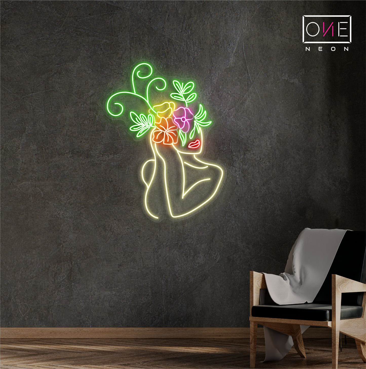 Enseigne au néon à LED avec illustration de beauté florale