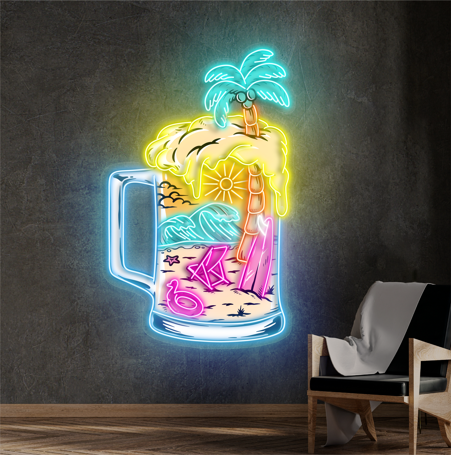 Panneau néon LED avec illustration de bière tropicale