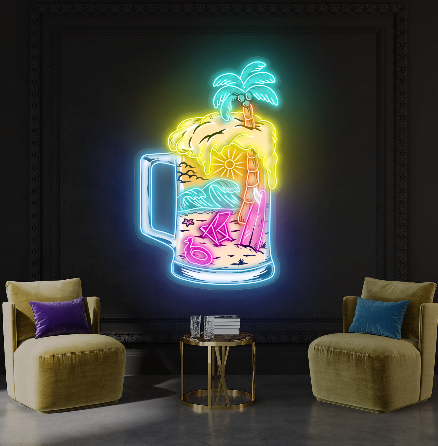 Panneau néon LED avec illustration de bière tropicale