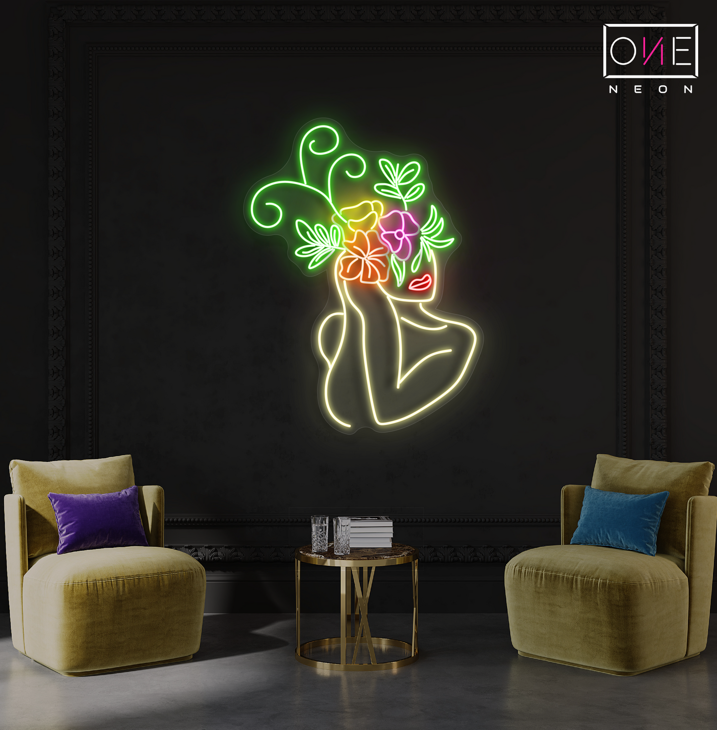 Enseigne au néon à LED avec illustration de beauté florale