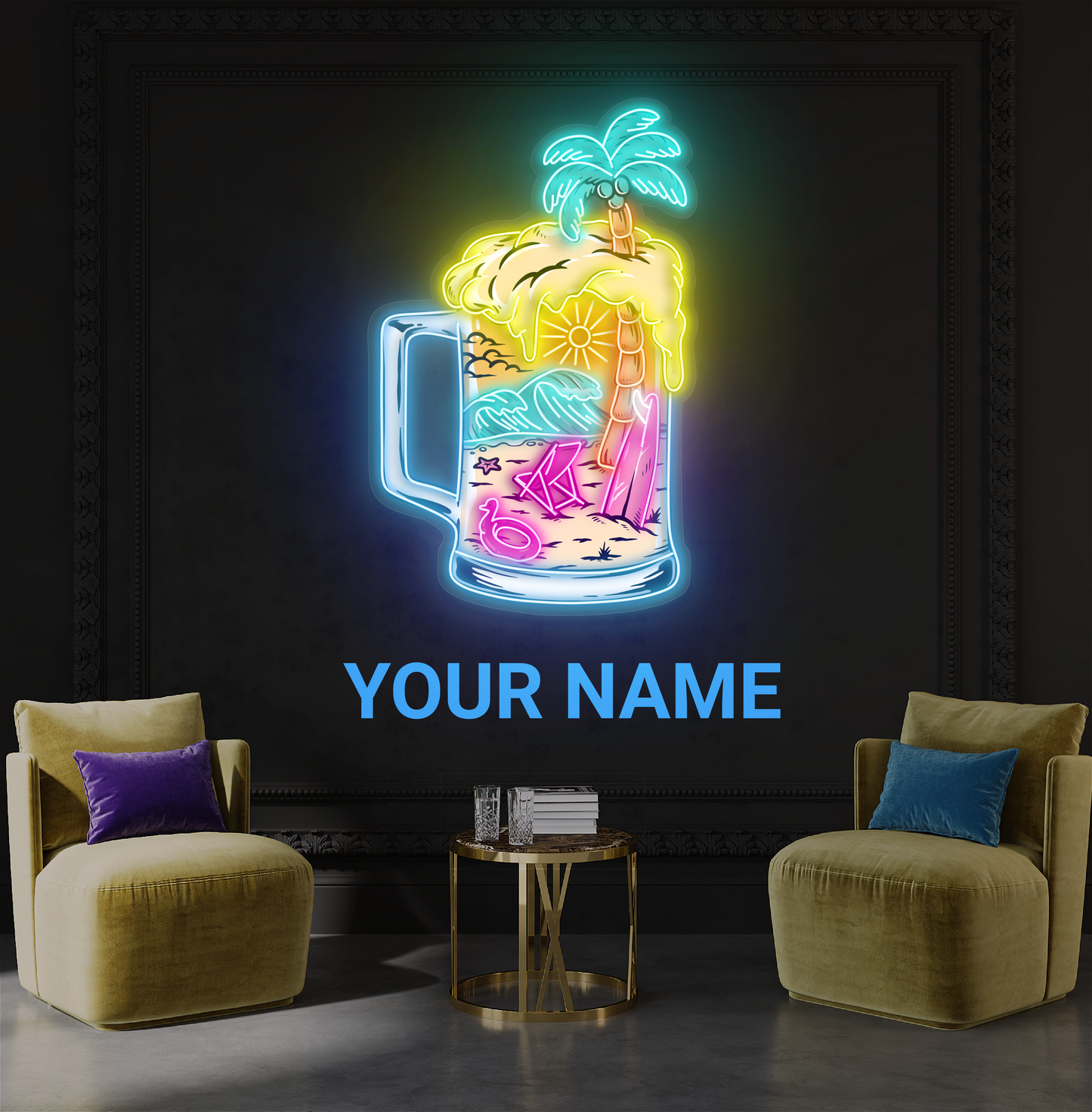Panneau néon LED avec illustration de bière tropicale