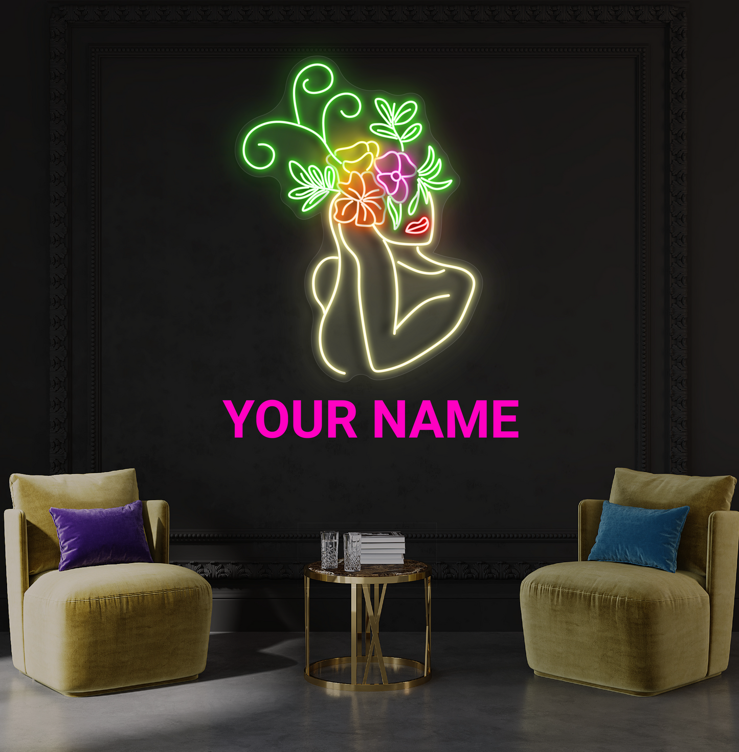 Enseigne au néon à LED avec illustration de beauté florale