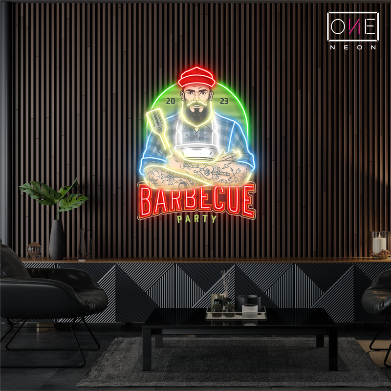 Panneau néon à LED avec illustration de fête de barbecue
