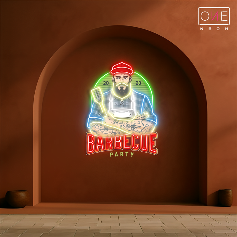 Panneau néon à LED avec illustration de fête de barbecue