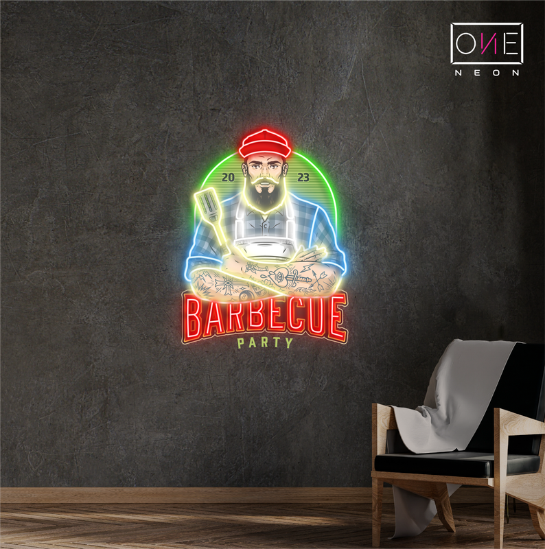 Panneau néon à LED avec illustration de fête de barbecue
