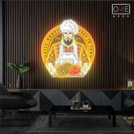 Panneau néon à LED avec illustration de barbecue Grill House