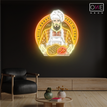 Panneau néon à LED avec illustration de barbecue Grill House