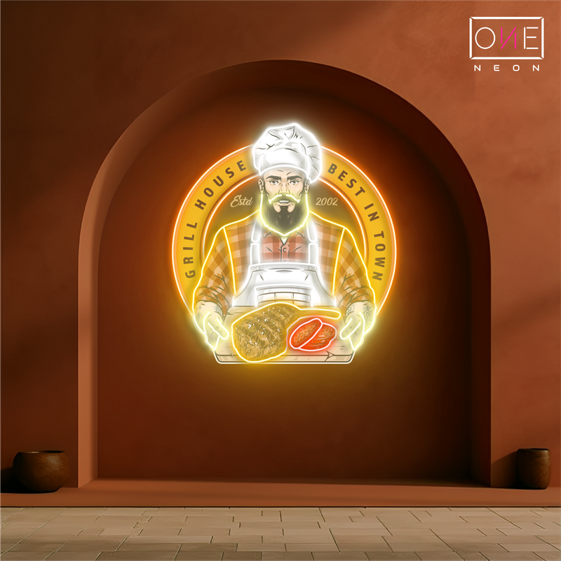 Panneau néon à LED avec illustration de barbecue Grill House