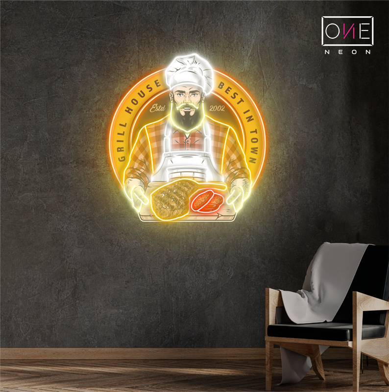Panneau néon à LED avec illustration de barbecue Grill House