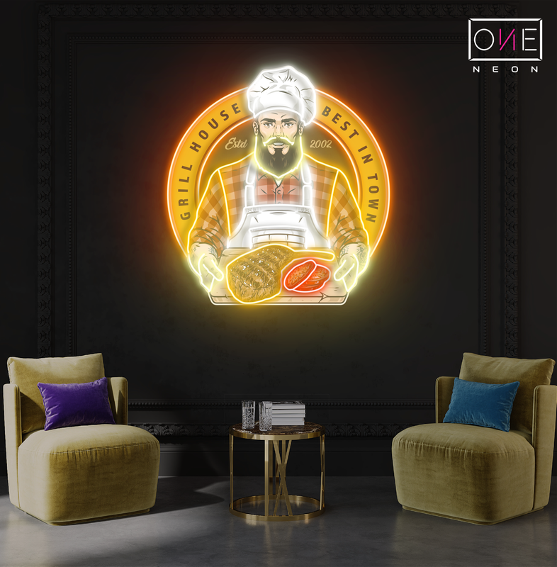 Panneau néon à LED avec illustration de barbecue Grill House