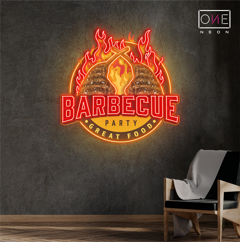 Panneau néon à LED avec illustration de nourriture barbecue
