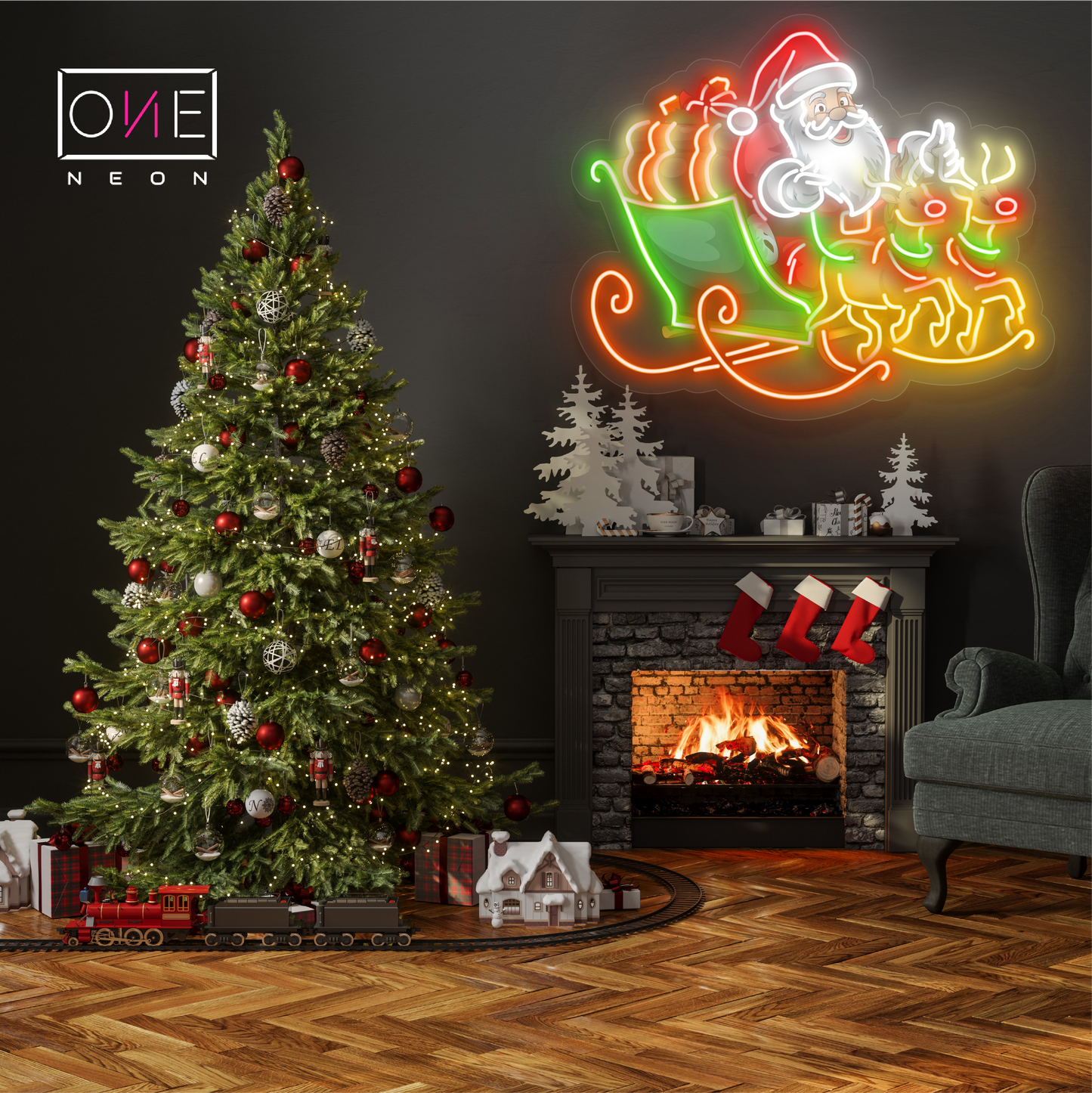 Panneau néon à LED avec illustration du voyage de la veille de Noël