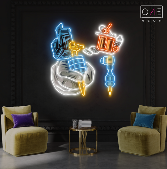 Enseigne au néon à LED avec illustration d'outils de tatouage