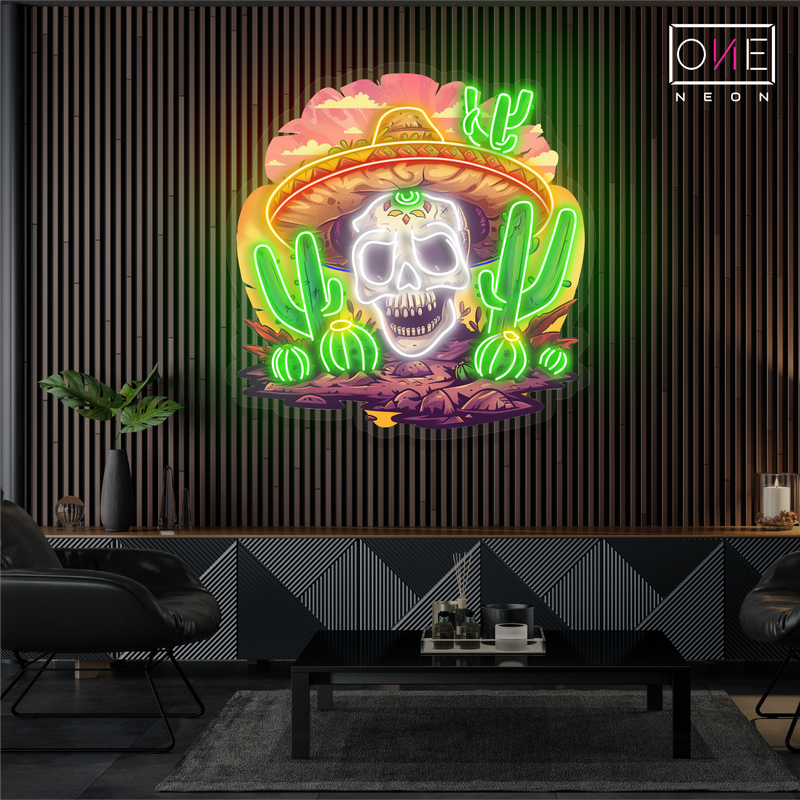 Panneau néon à LED représentant une œuvre d'art de Calavera dans le désert mexicain