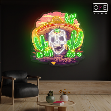 Panneau néon à LED représentant une œuvre d'art de Calavera dans le désert mexicain