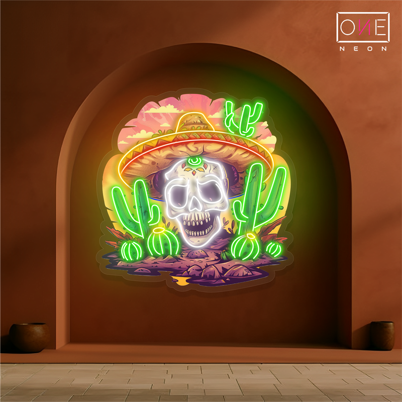 Panneau néon à LED représentant une œuvre d'art de Calavera dans le désert mexicain