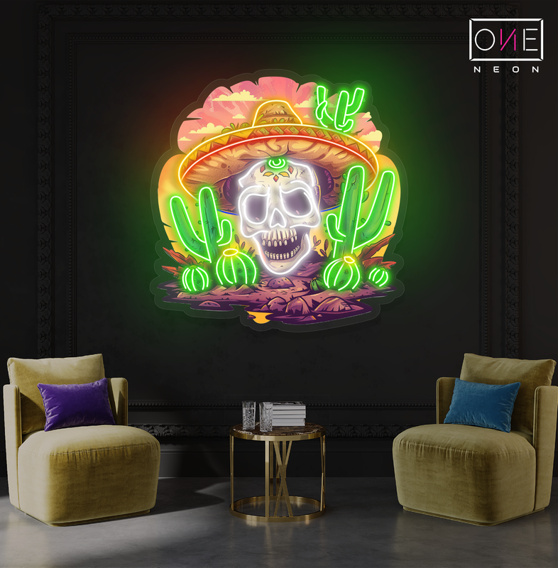 Panneau néon à LED représentant une œuvre d'art de Calavera dans le désert mexicain