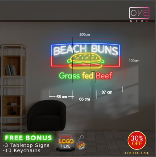 BEACH BUNS Grass fed Beef| LED Neon Sign (outdoors)
