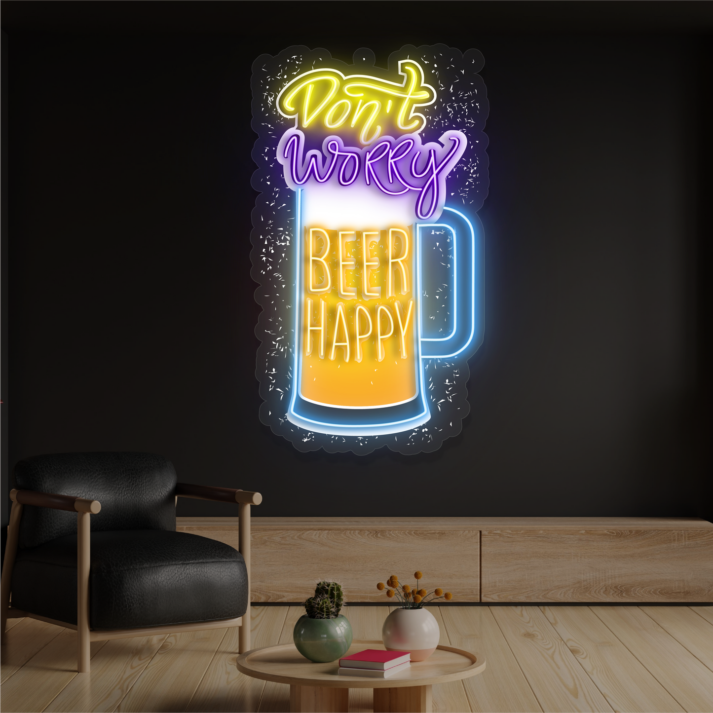 Panneau néon à LED avec illustration de bière « Don't Worry Happy » 