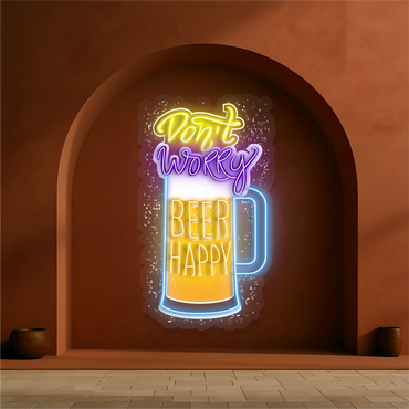 Panneau néon à LED avec illustration de bière « Don't Worry Happy » 