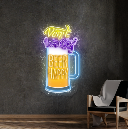 Panneau néon à LED avec illustration de bière « Don't Worry Happy » 