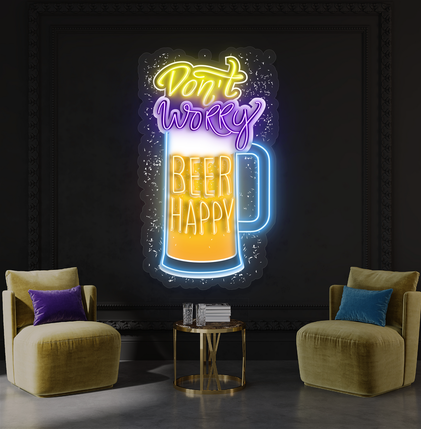 Panneau néon à LED avec illustration de bière « Don't Worry Happy » 