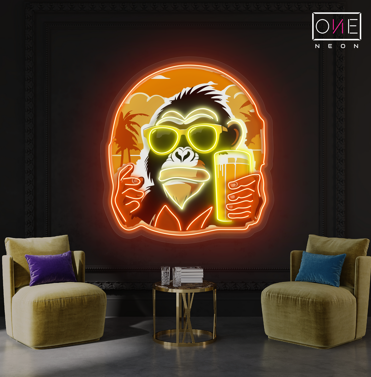 Enseigne au néon à LED avec illustration de singe cool