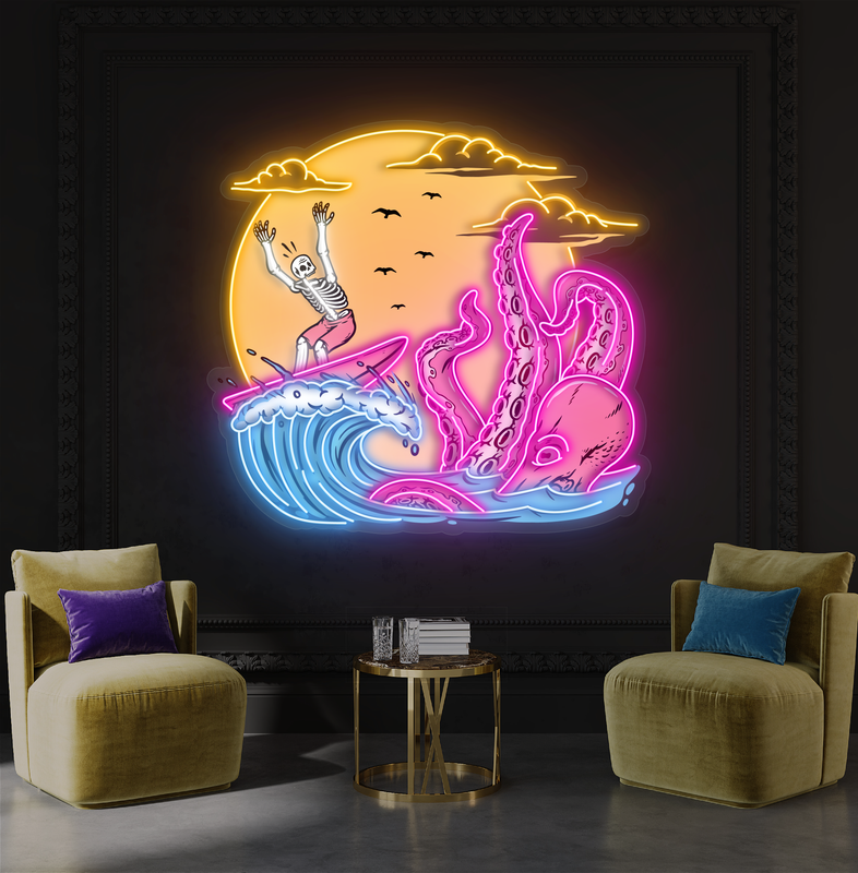 Skeleton Surf Showdown Artwork Led Neon Sign