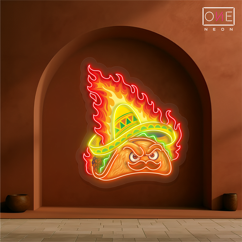 Panneau néon à LED avec illustration de tacos épicés