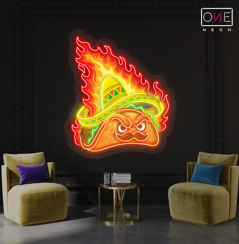 Panneau néon à LED avec illustration de tacos épicés