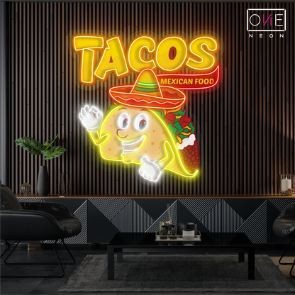 Panneau néon à LED représentant une œuvre d'art culinaire mexicaine Tacos