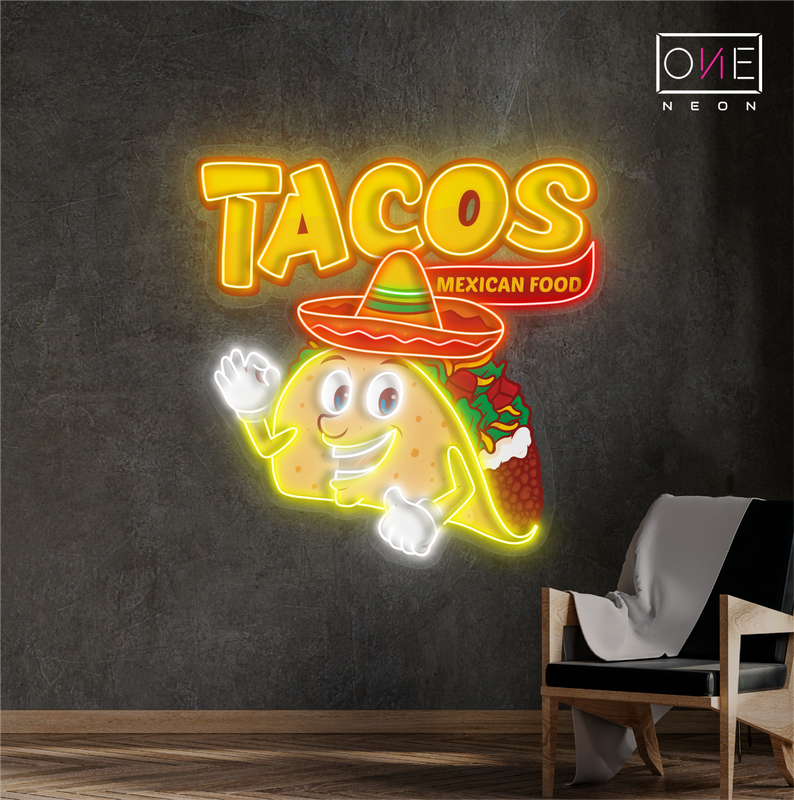 Panneau néon à LED représentant une œuvre d'art culinaire mexicaine Tacos