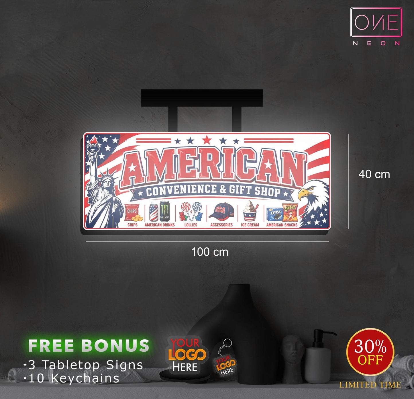 Grab And Go & American logo | LED Neon Sign + Light box (3 signs)