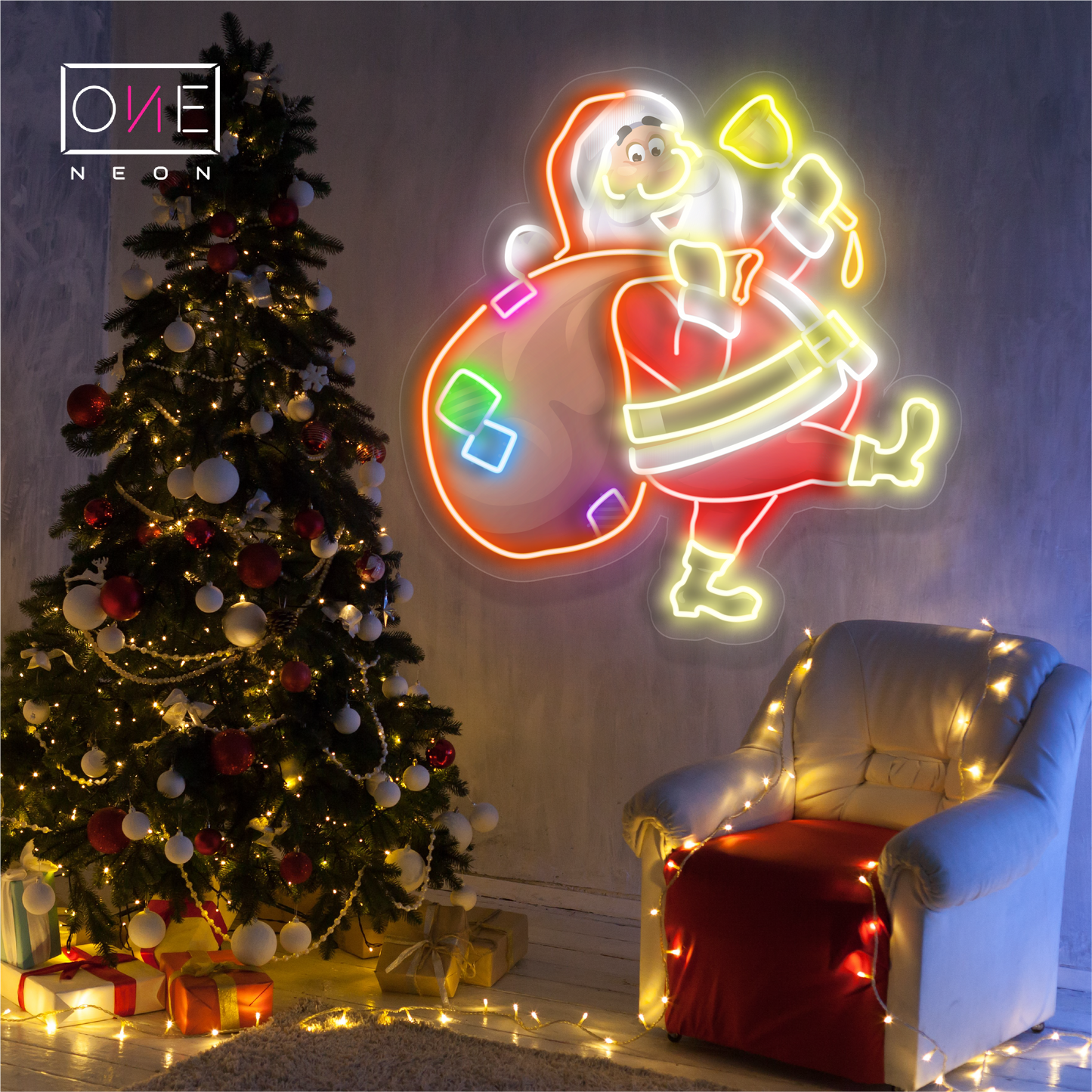 Panneau néon à LED représentant le joyeux voyage du Père Noël 