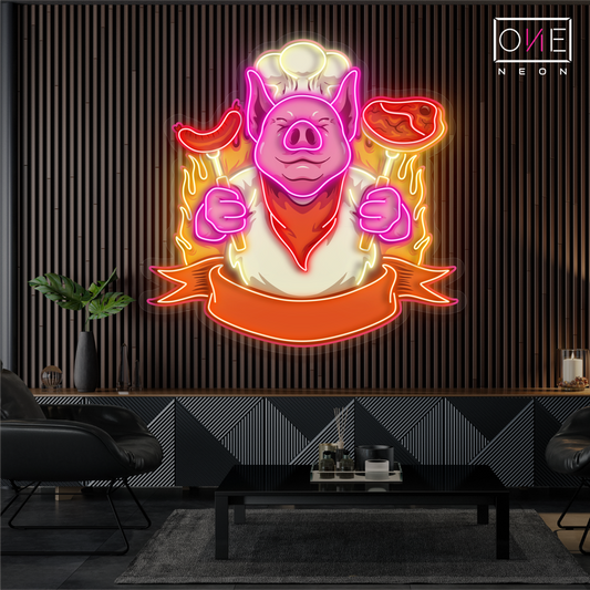 Panneau néon à LED avec illustration de barbecue Chef Pig 