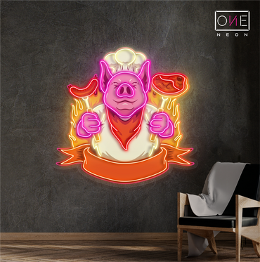 Panneau néon à LED avec illustration de barbecue Chef Pig 