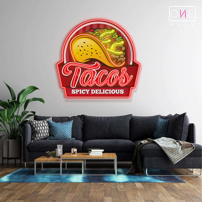 Panneau néon à LED avec illustration de Tacos épicés et délicieux 