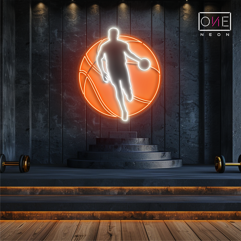 Panneau néon à LED représentant un dessin de basket-ball 