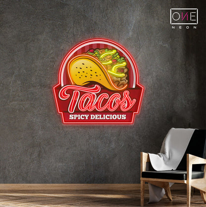 Panneau néon à LED avec illustration de Tacos épicés et délicieux 