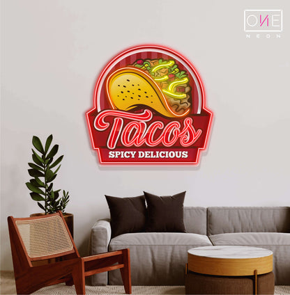 Panneau néon à LED avec illustration de Tacos épicés et délicieux 