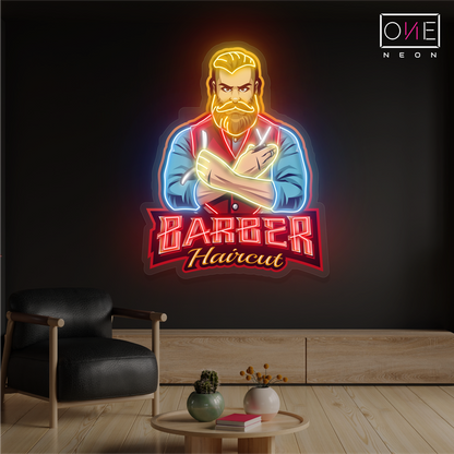 Enseigne au néon à LED avec illustration de coupe de cheveux de barbier 