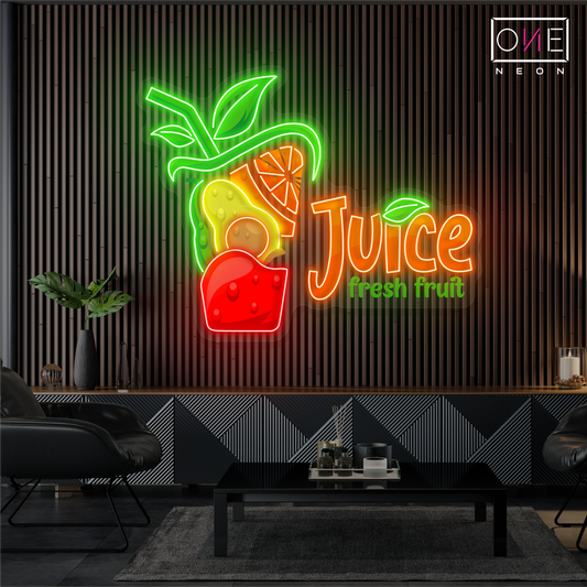 Enseigne au néon à LED avec illustration de jus de fruits frais 