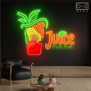 Enseigne au néon à LED avec illustration de jus de fruits frais 