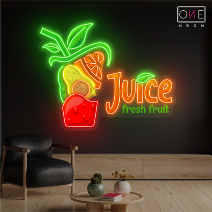 Enseigne au néon à LED avec illustration de jus de fruits frais 