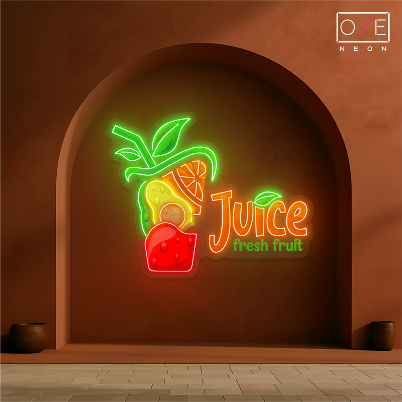 Enseigne au néon à LED avec illustration de jus de fruits frais 