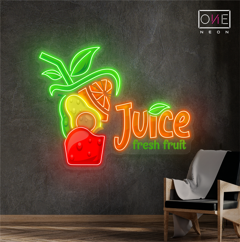 Enseigne au néon à LED avec illustration de jus de fruits frais 