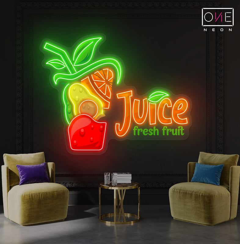 Enseigne au néon à LED avec illustration de jus de fruits frais 