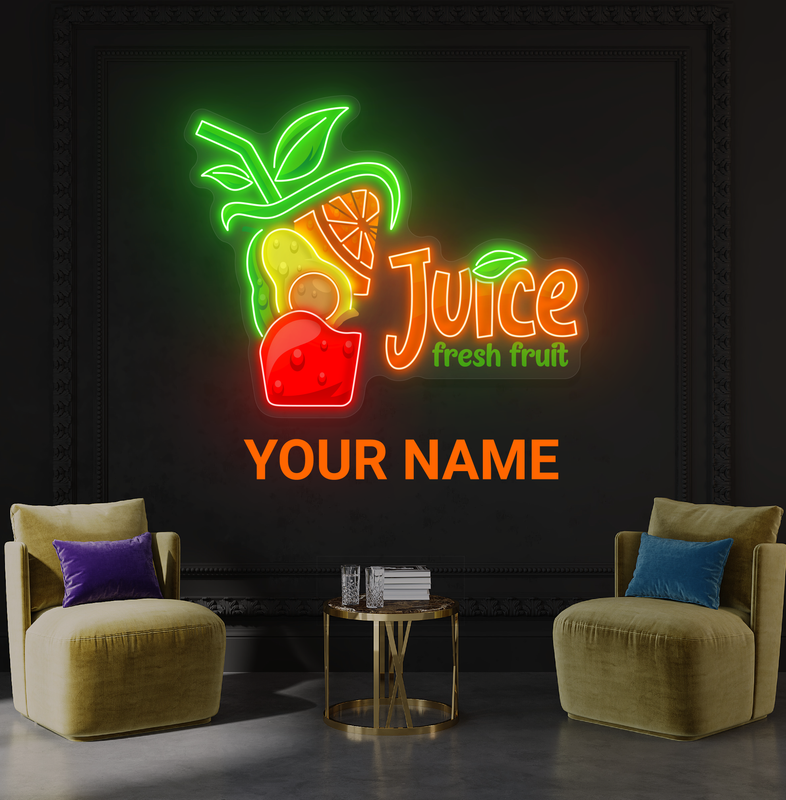 Enseigne au néon à LED avec illustration de jus de fruits frais 